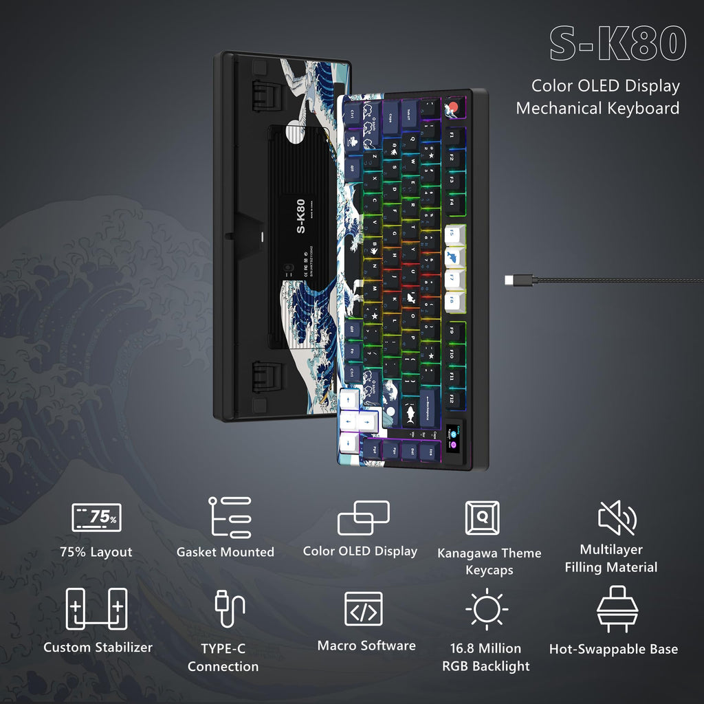 Womier SK80 75% Keyboard with Color Multimedia Display Mechanical Gaming Keyboard Creamy Sound, Wired Hot Swappable Gasket Mount RGB Custom Key Board, Pre-lubed Stabilizer for Mac/Win, Black Kanagawa