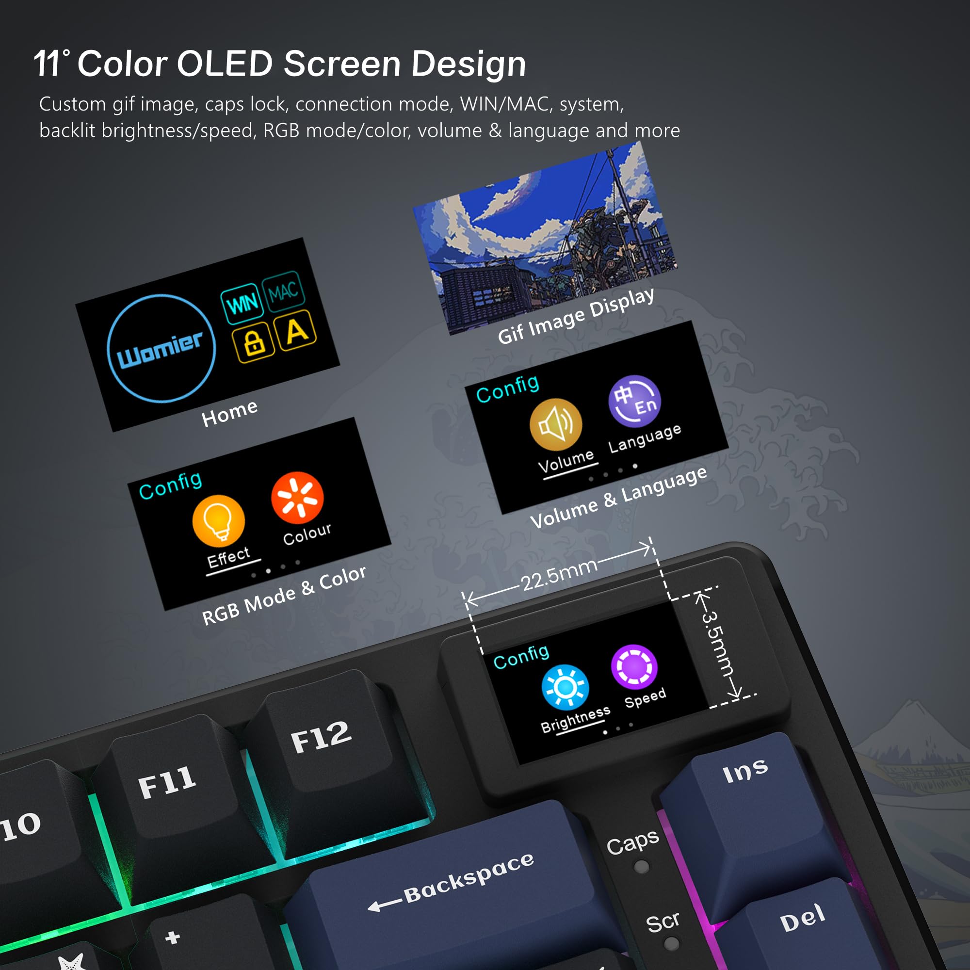 Womier SK80 75% Keyboard with Color Multimedia Display Mechanical Gaming Keyboard Creamy Sound, Wired Hot Swappable Gasket Mount RGB Custom Key Board, Pre-lubed Stabilizer for Mac/Win, Black Kanagawa