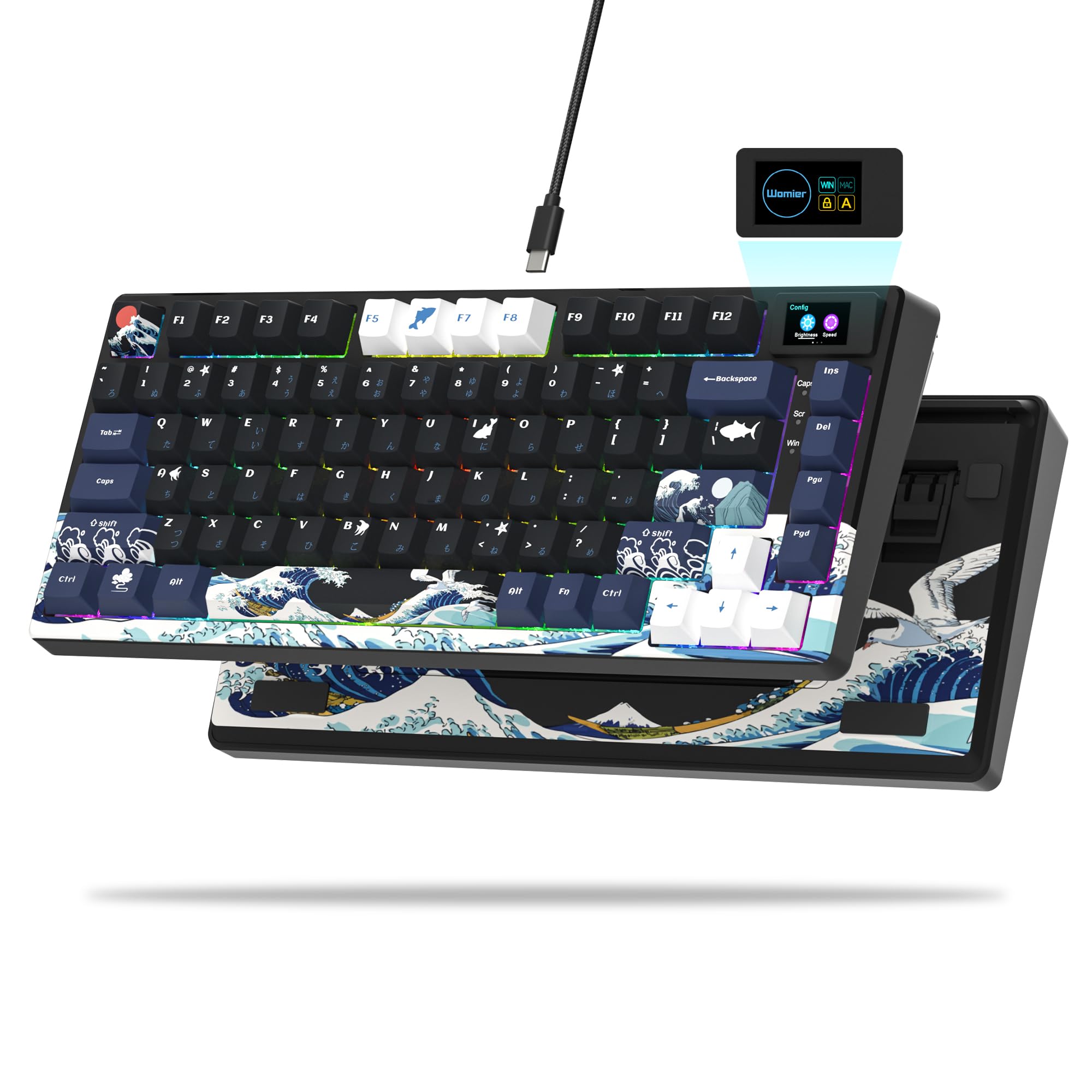Womier SK80 75% Keyboard with Color Multimedia Display Mechanical Gaming Keyboard Creamy Sound, Wired Hot Swappable Gasket Mount RGB Custom Key Board, Pre-lubed Stabilizer for Mac/Win, Black Kanagawa