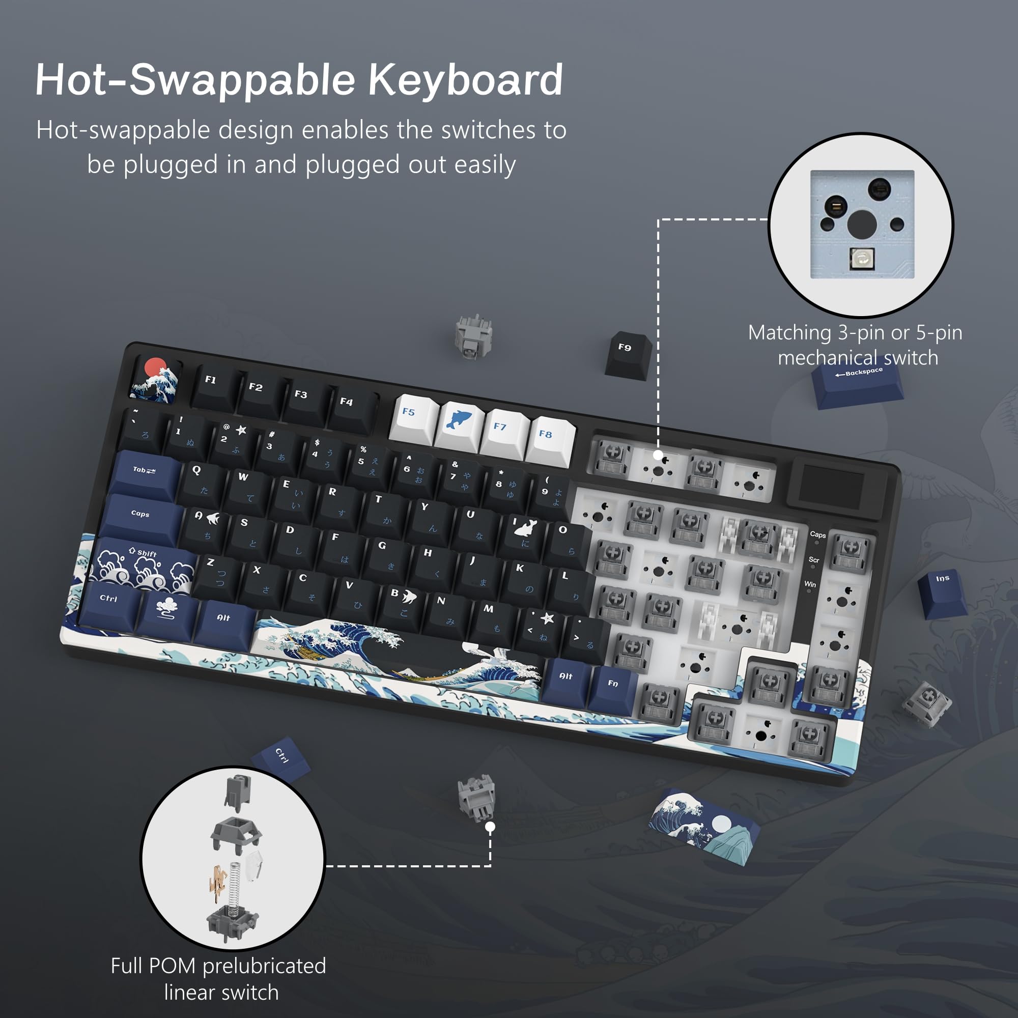 Womier SK80 75% Keyboard with Color Multimedia Display Mechanical Gaming Keyboard Creamy Sound, Wired Hot Swappable Gasket Mount RGB Custom Key Board, Pre-lubed Stabilizer for Mac/Win, Black Kanagawa