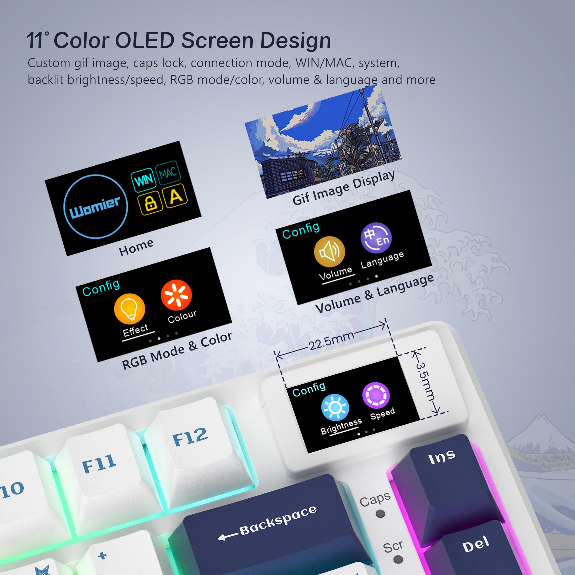 Womier SK80 75% Keyboard with Color Multimedia Display Mechanical Gaming Keyboard Creamy Sound, Wired Hot Swappable Gasket Mount RGB Custom Key Board, Pre-lubed Stabilizer for Mac/Win, Black Kanagawa