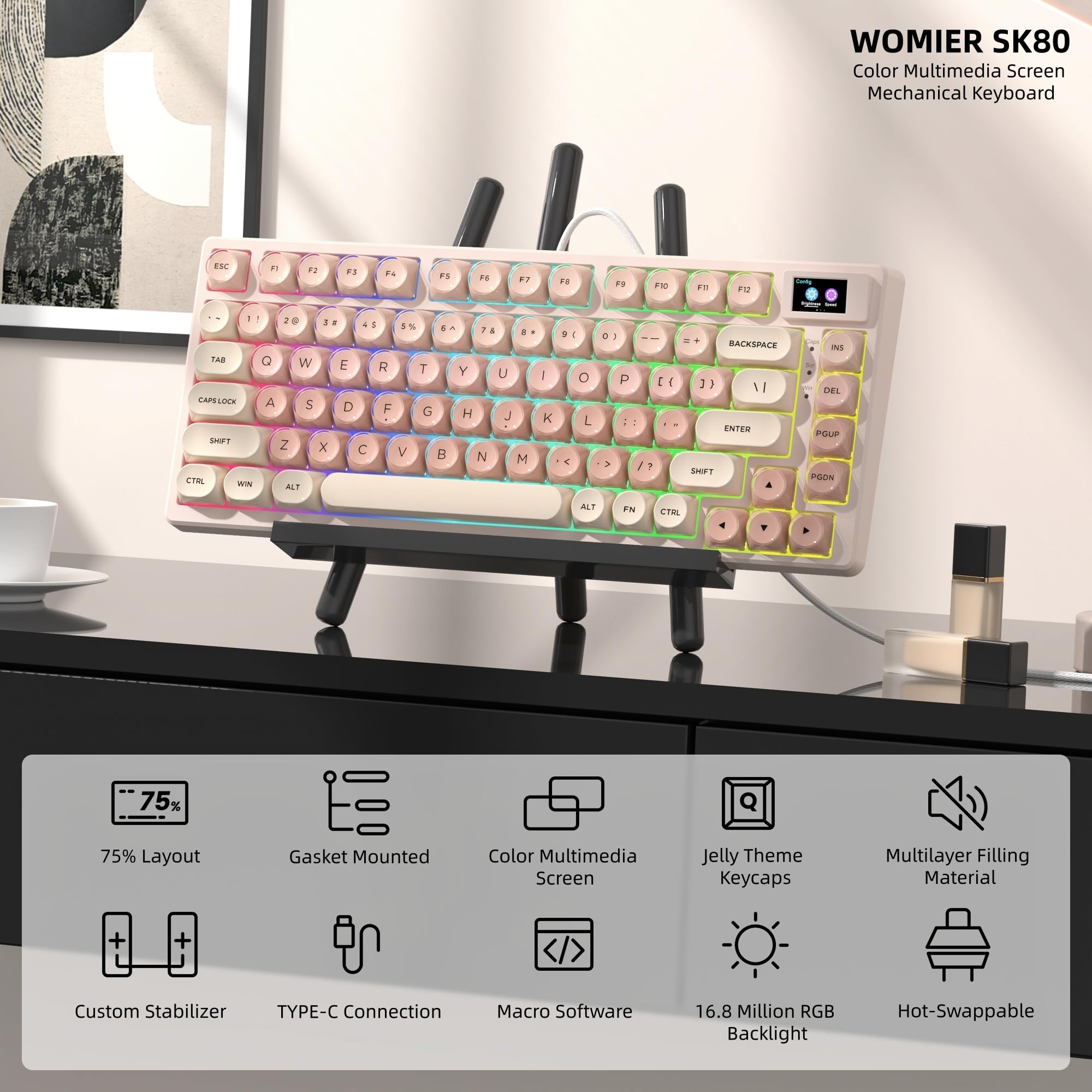 Womier SK80 75% Keyboard with Color Multimedia Display Mechanical Gaming Keyboard Creamy Sound, Wired Hot Swappable Gasket Mount RGB Custom Key Board, Pre-lubed Stabilizer for Mac/Win, Black Kanagawa