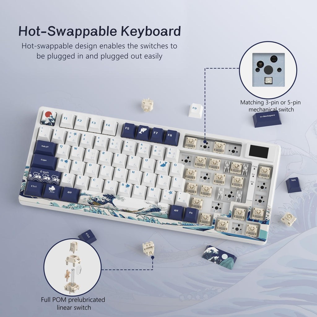 Womier SK80 75% Keyboard with Color Multimedia Display Mechanical Gaming Keyboard Creamy Sound, Wired Hot Swappable Gasket Mount RGB Custom Key Board, Pre-lubed Stabilizer for Mac/Win, Black Kanagawa