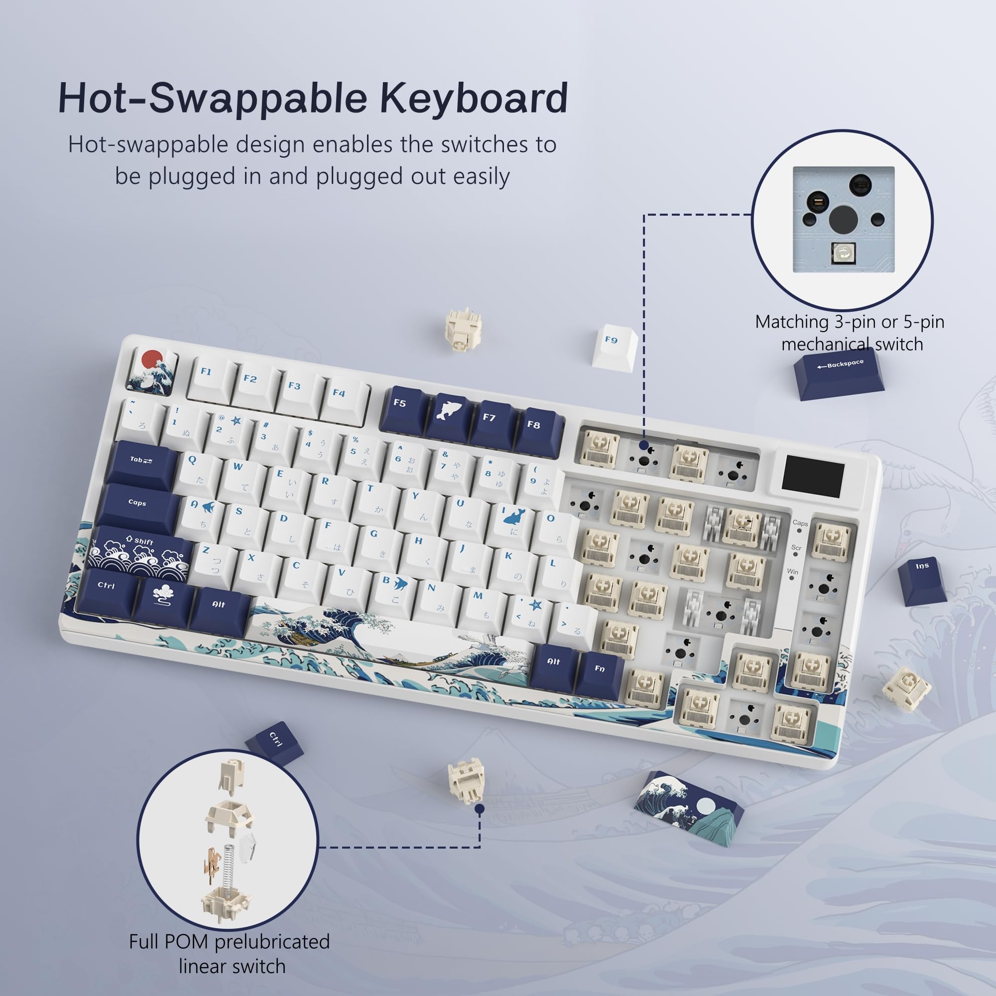 Womier SK80 75% Keyboard with Color Multimedia Display Mechanical Gaming Keyboard Creamy Sound, Wired Hot Swappable Gasket Mount RGB Custom Key Board, Pre-lubed Stabilizer for Mac/Win, Black Kanagawa