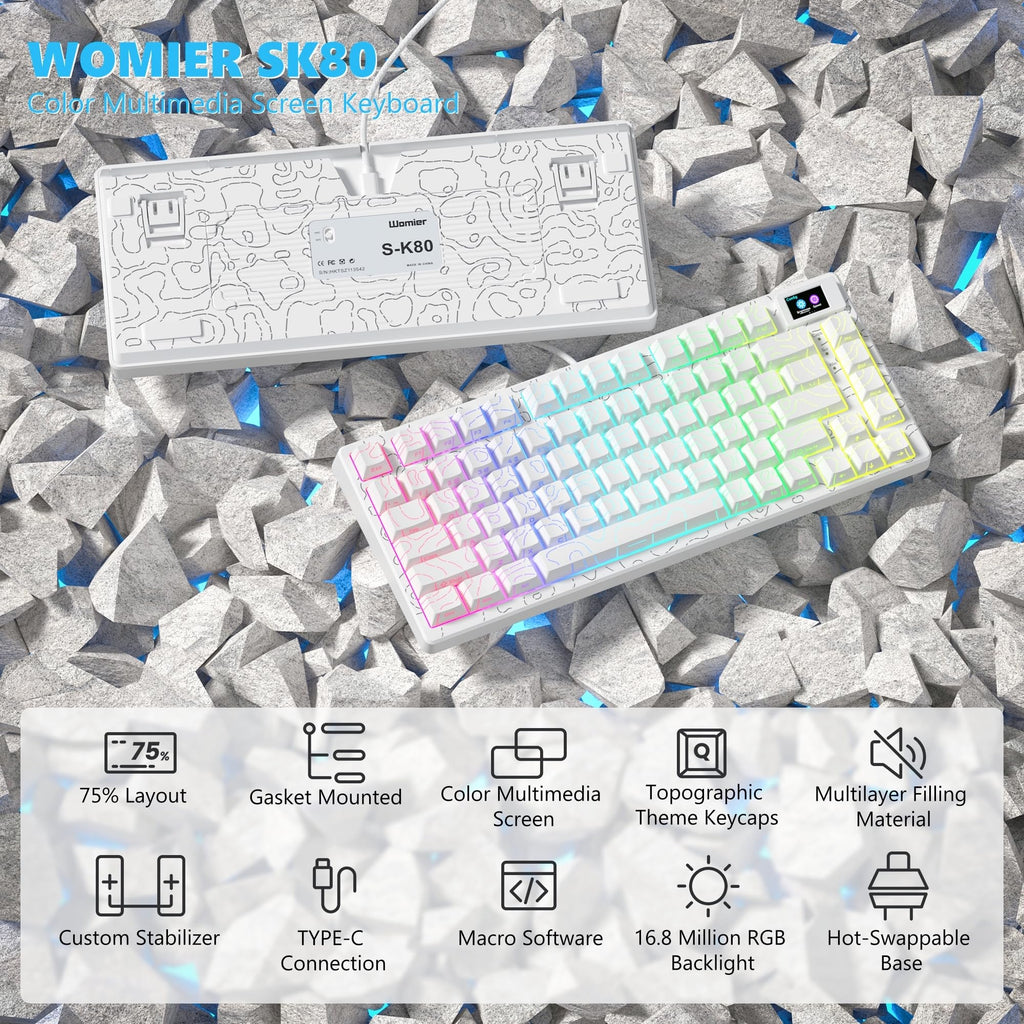 Womier SK80 75% Keyboard with Color Multimedia Display Mechanical Gaming Keyboard Creamy Sound, Wired Hot Swappable Gasket Mount RGB Custom Key Board, Pre-lubed Stabilizer for Mac/Win, Black Kanagawa