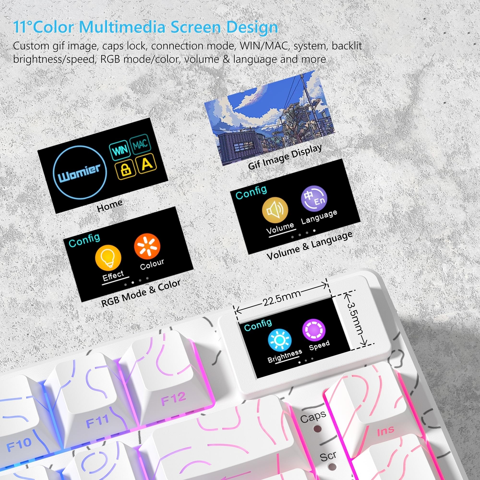 Womier SK80 75% Keyboard with Color Multimedia Display Mechanical Gaming Keyboard Creamy Sound, Wired Hot Swappable Gasket Mount RGB Custom Key Board, Pre-lubed Stabilizer for Mac/Win, Black Kanagawa